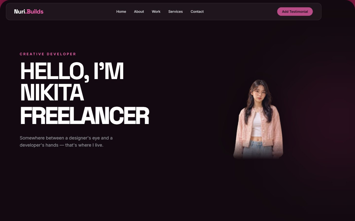 Interactive Portfolio homepage: bold hero headline for a creative freelancer with a portrait on a dark background